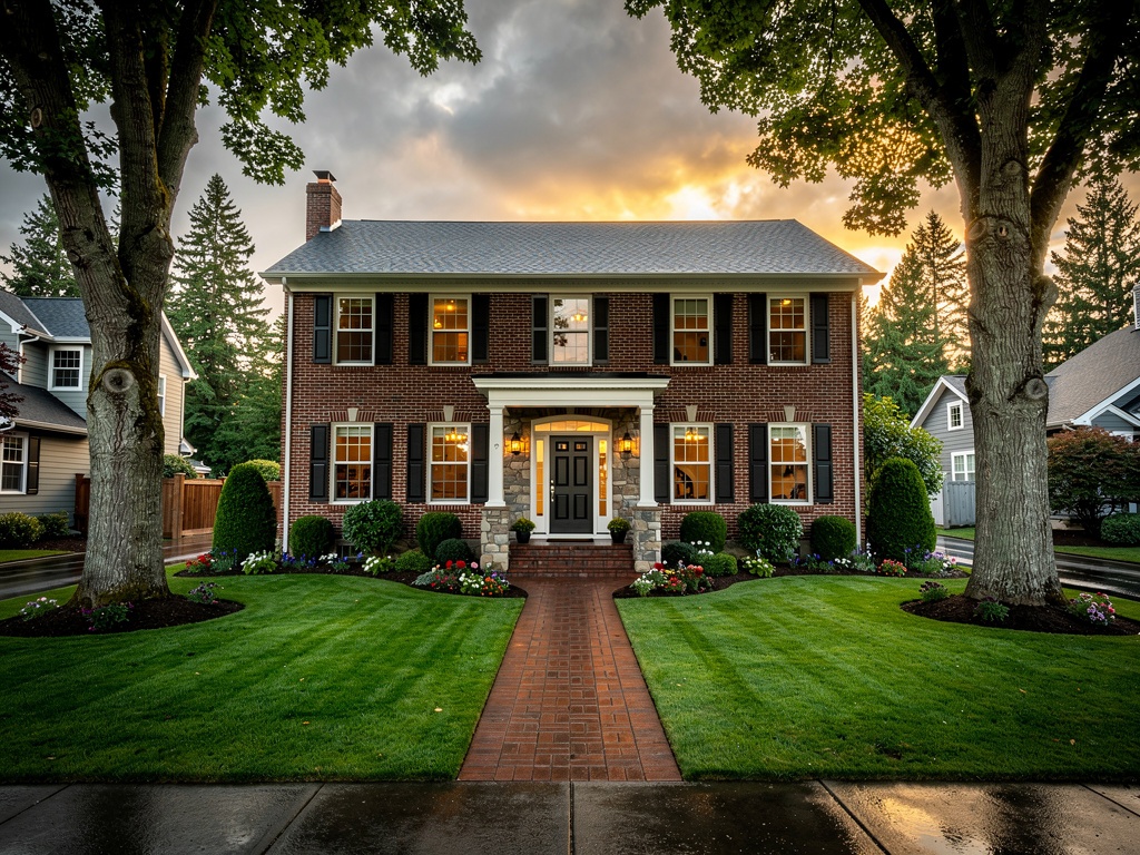Beautiful two-story brick colonial home with stone-accented porch and manicured lawn