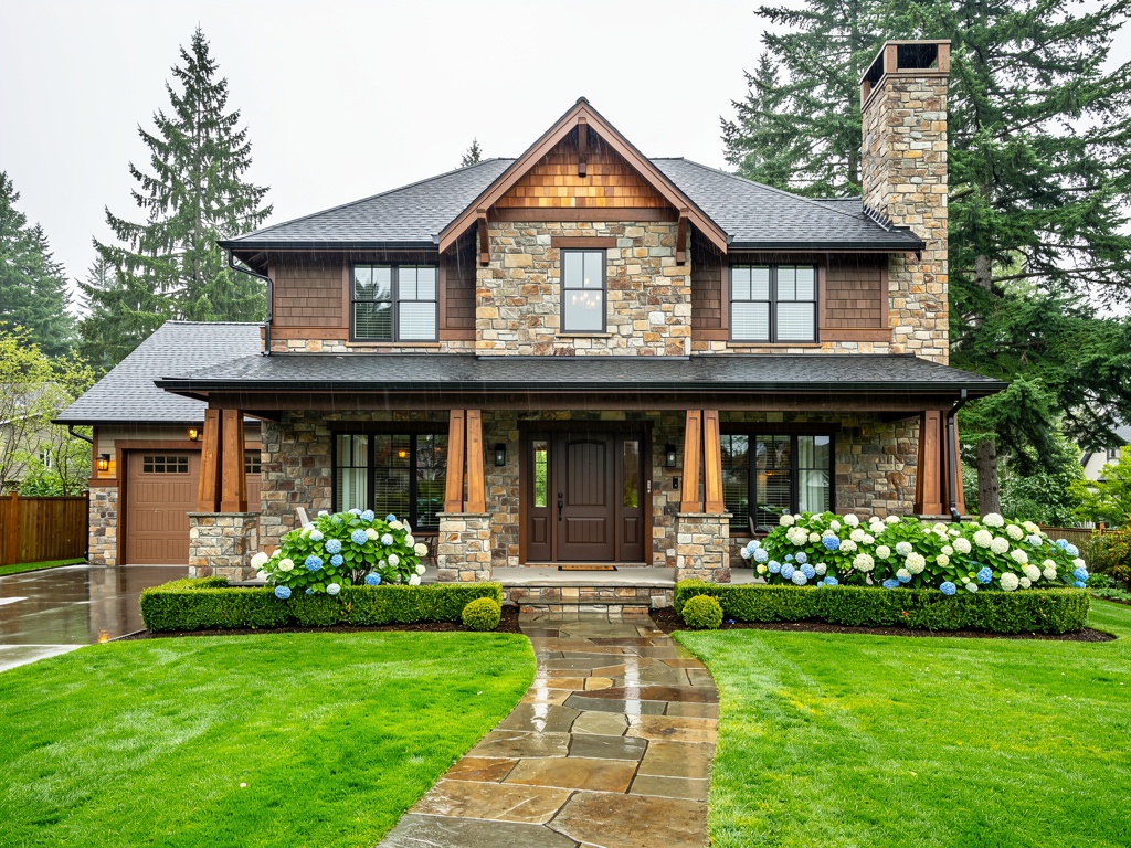 Craftsman home with natural stone veneer facade and brick chimney in Pacific Northwest