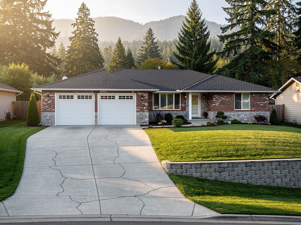 Elegant ranch-style home with mixed brick and stone exterior and retaining wall