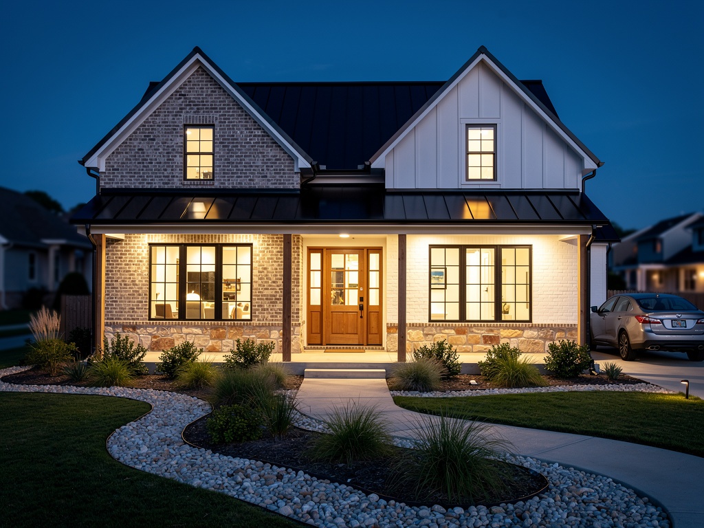 Modern farmhouse with white brick accent wall and stone foundation at twilight