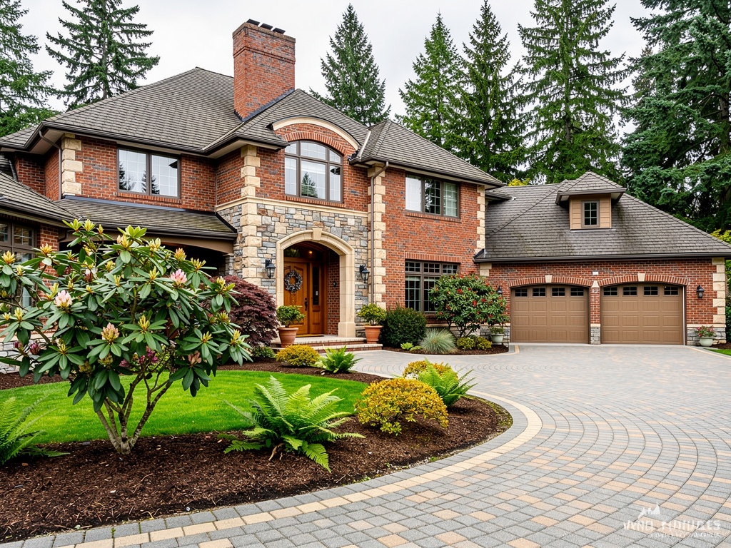 Traditional red brick home with arched stone entryway and paver driveway